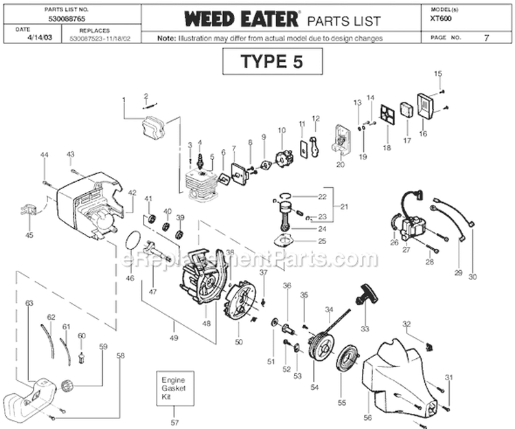 Page G Diagram and Parts List for XT600 Type 6 Weed Eater Trimmer